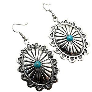 Western Concho Style Silver Tone Chandelier Pierced Earrings Faux Turquoise 2"